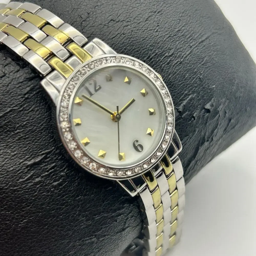 Women’s Two-tone Mother Pearl Gold Studded Dial Watch Working New Battery